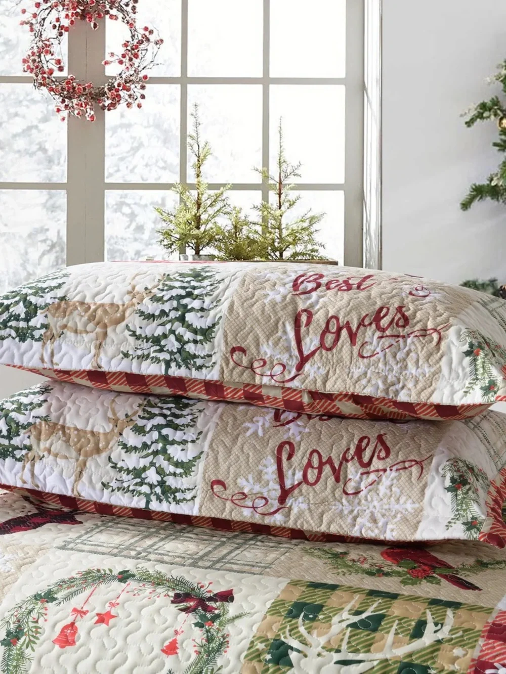 Red Christmas Plaid 3 piece queen Quilted Bedding Set